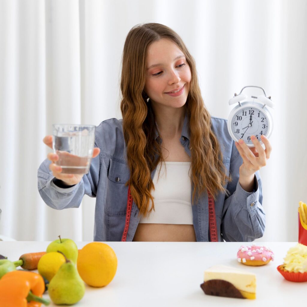 beautifull girl with fruit and vitamin and minerals for better health